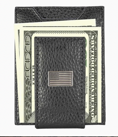 American Flag Magnetic Leather Slim Wallet Pebble Black