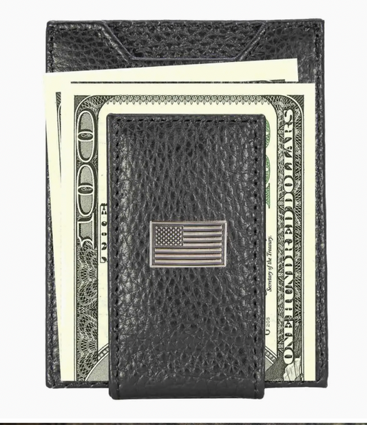 American Flag Magnetic Leather Slim Wallet Pebble Black