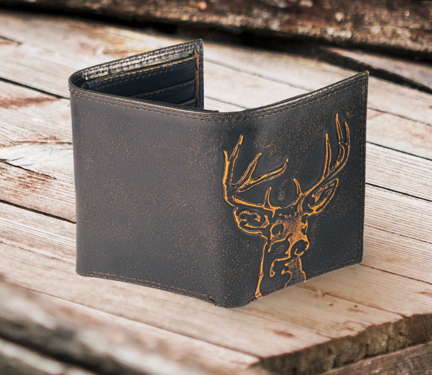 Buck Burnished Leather Trifold Wallet
