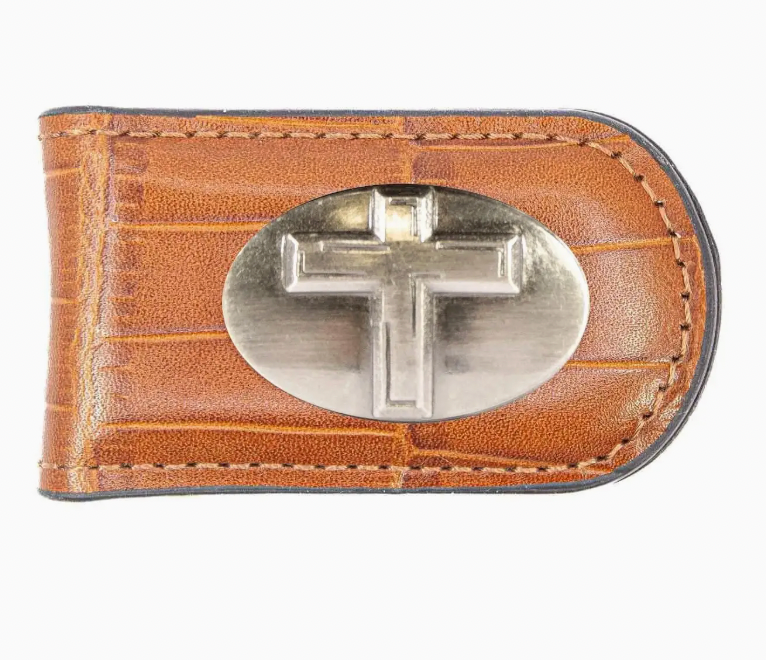 Christian Cross Leather Magnetic Money Clip Wallet Croc Tan