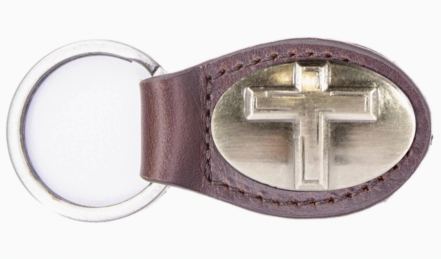 Christian Cross Oval Leather Keychain Brown