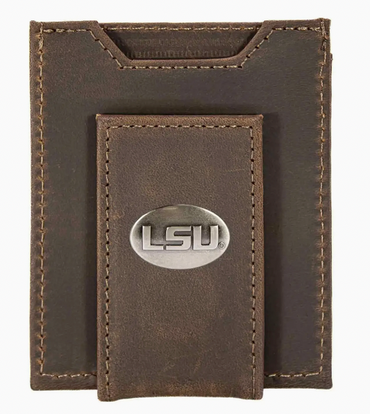 Lsu Tigers Collegiate Magnetic Front Pocket Leather Wallet Crazy Horse