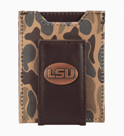 Lsu Tigers Men's Magnetic Front Pocket Old School Camo Leather Wallet Brown Camo