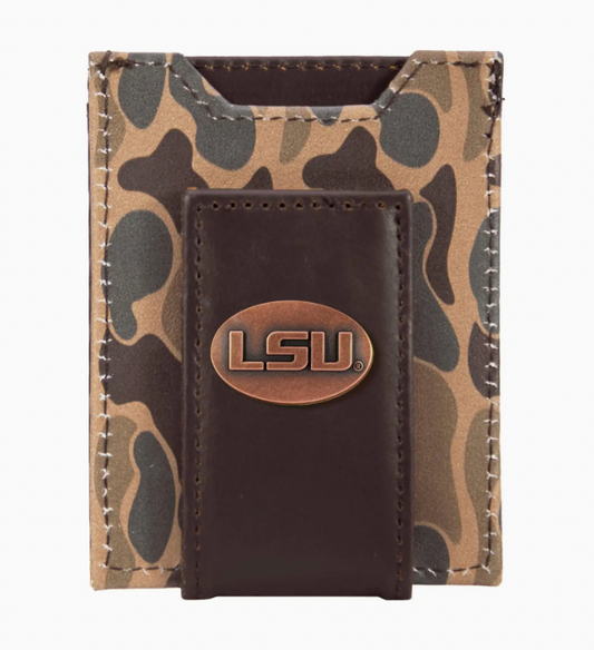 Lsu Tigers Men's Magnetic Front Pocket Old School Camo Leather Wallet Brown Camo