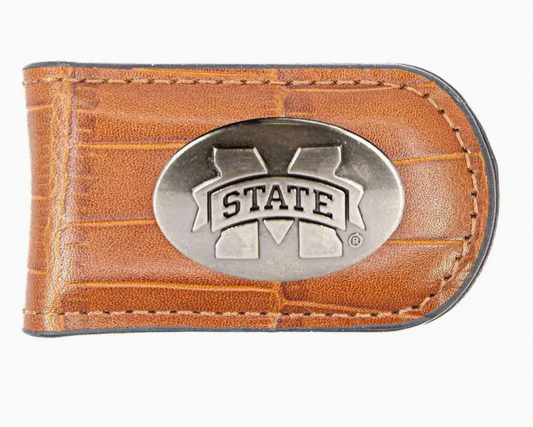 Mississippi State Bulldogs Leather Magnetic Money Clip Wallet Croc Tan