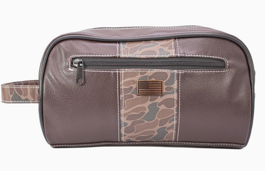 USA Flag Brown Pebble Old School Camo Men's Toiletry Dopp Bag Brown Camo
