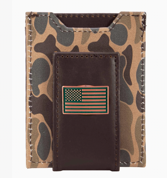USA Flag Men's Magnetic Front Pocket Old School Camo Leather Wallet Brown Camo
