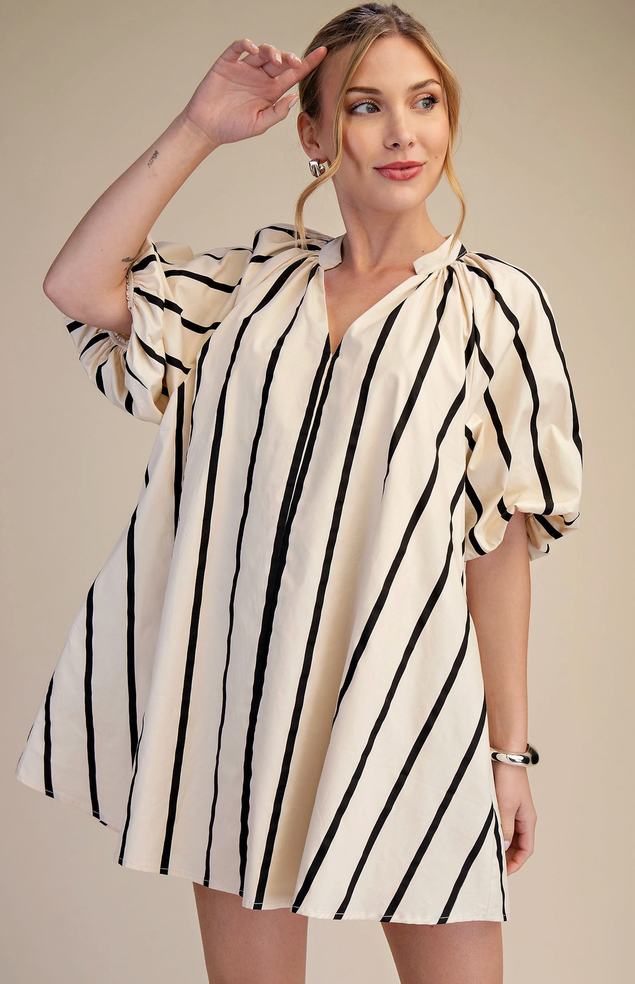 Puff-Sleeve Mini Shift Dress Black