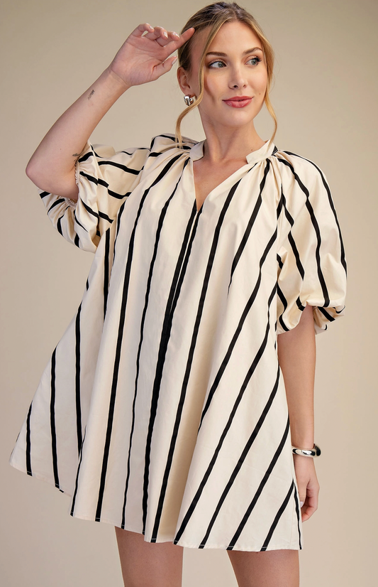 Puff-Sleeve Mini Shift Dress Black