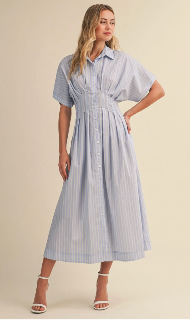 Stripe Print Dolman Sleeve Pleats Waist Button Down