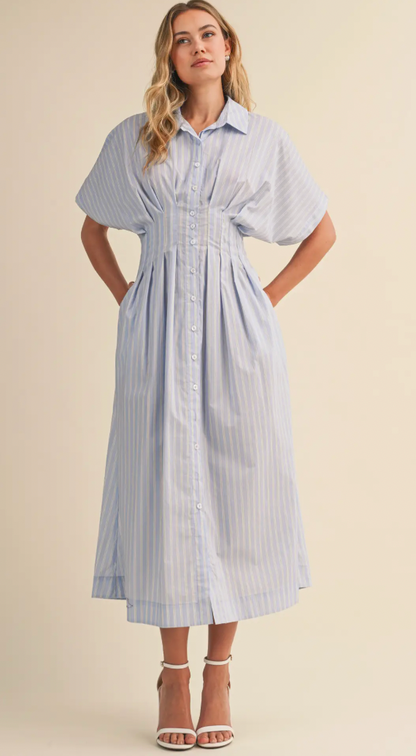 Stripe Print Dolman Sleeve Pleats Waist Button Down