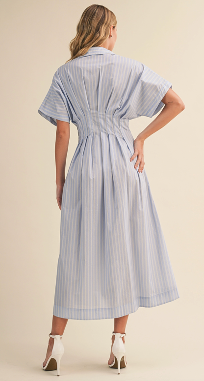 Stripe Print Dolman Sleeve Pleats Waist Button Down