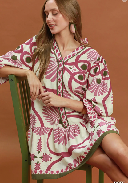Abstract Print Button Front Babydoll Dress