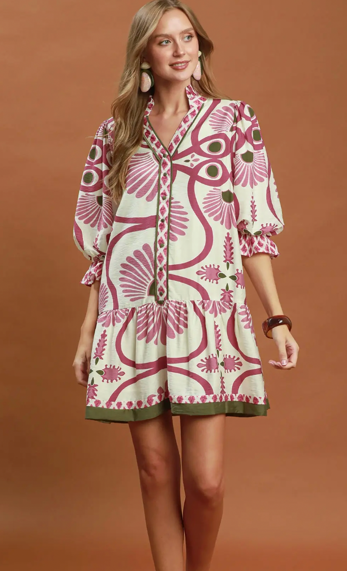 Abstract Print Button Front Babydoll Dress