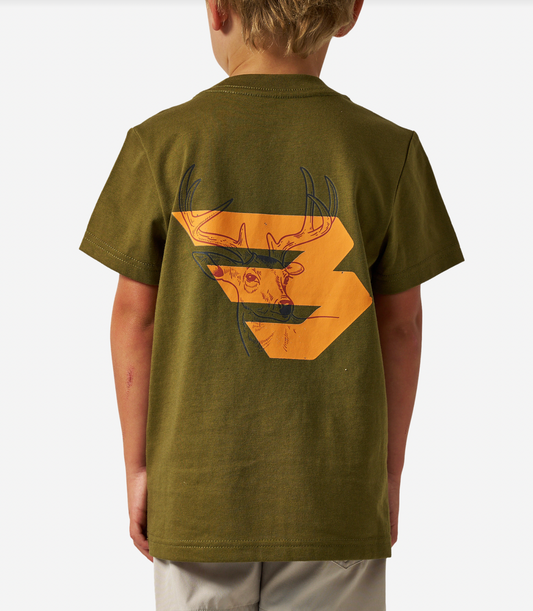 Youth Tee-Deer Flying B-Orange Logo-Hunter Green