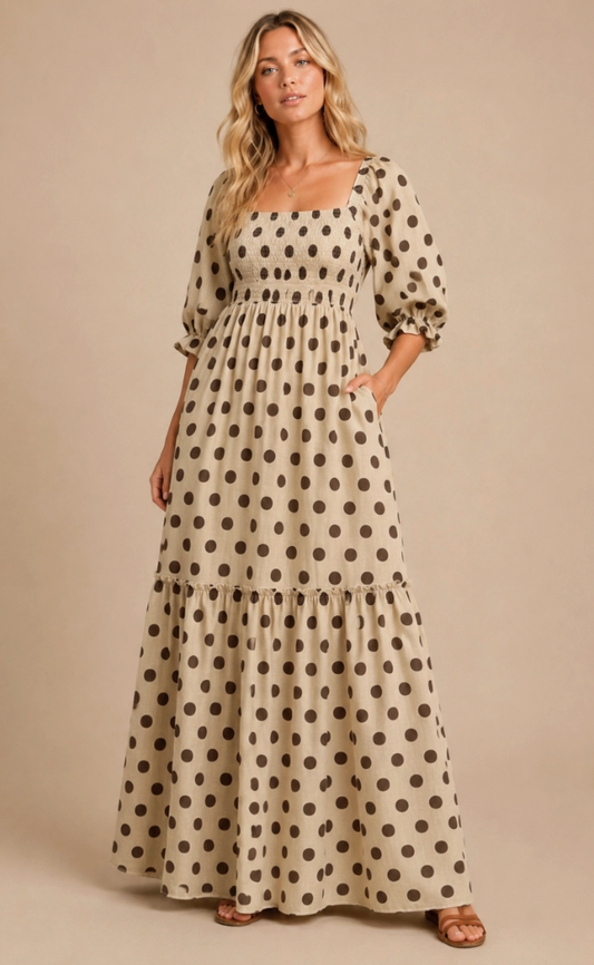Beige Polka Dot Maxi Dress