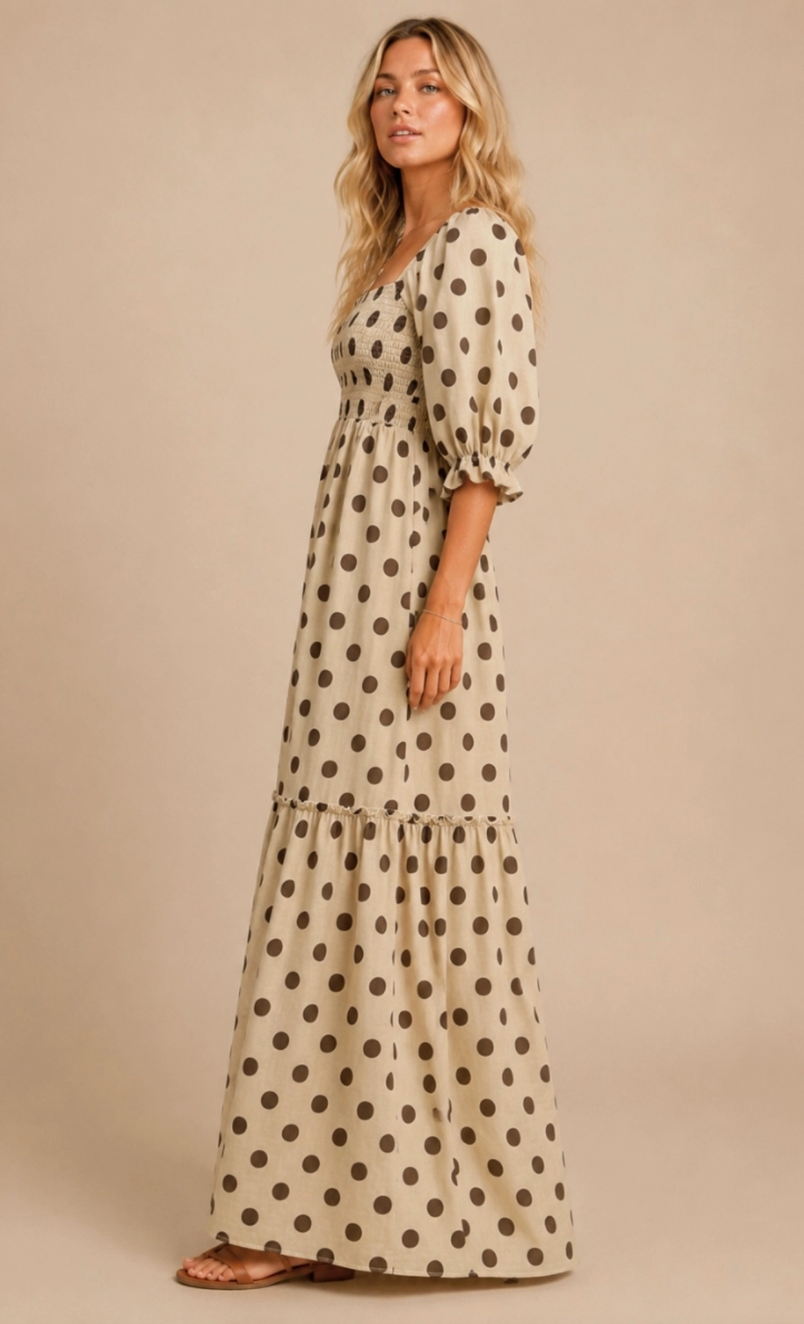 Beige Polka Dot Maxi Dress