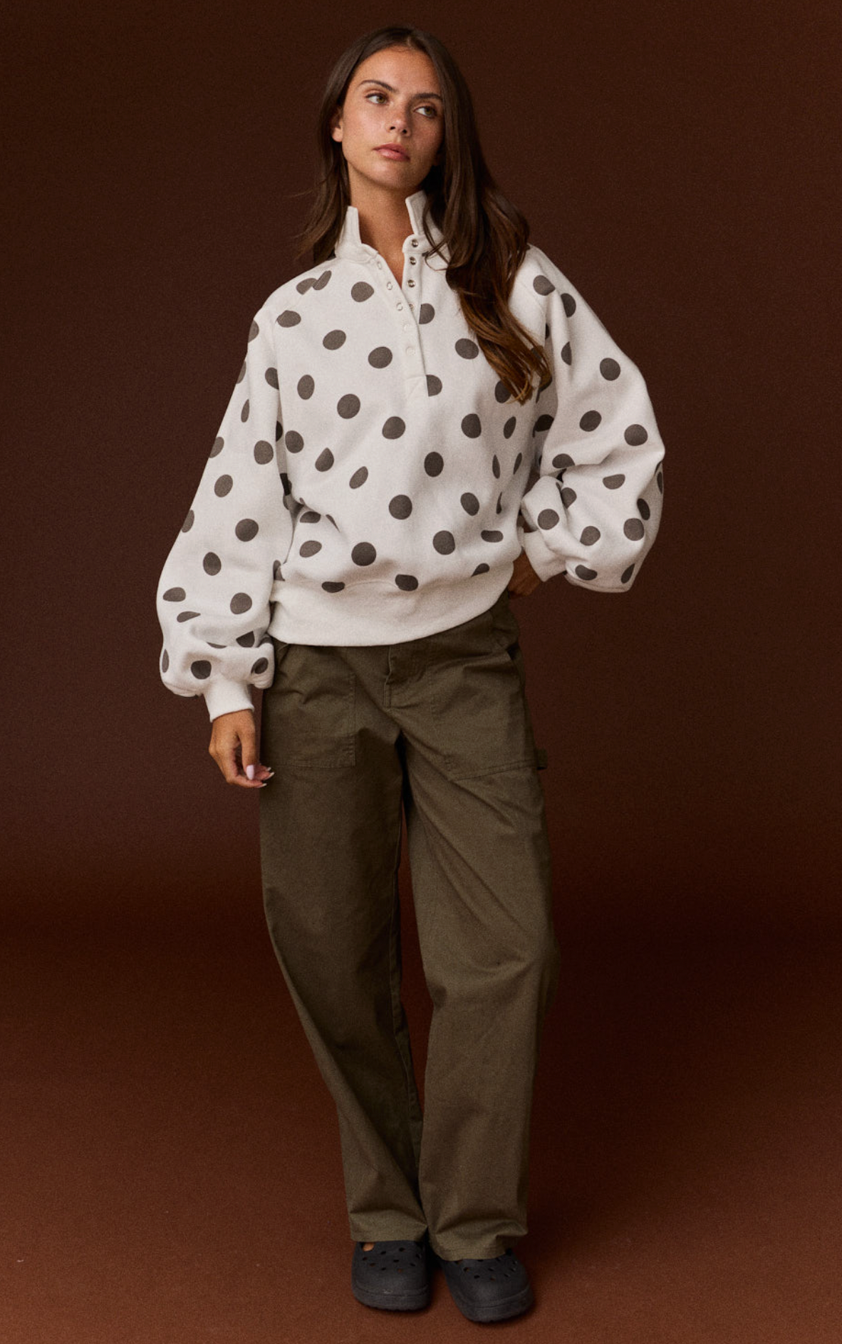 Collar Half-Snap Button Polka Dot Sweatshirt