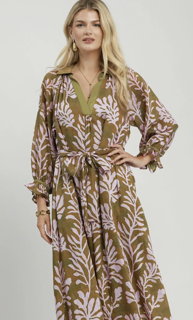 Mix Botanical Print Belted Midi Dress