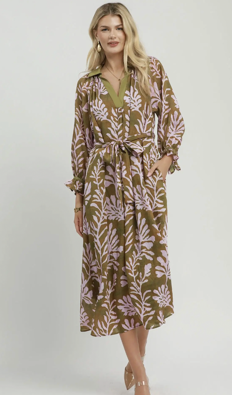 Mix Botanical Print Belted Midi Dress