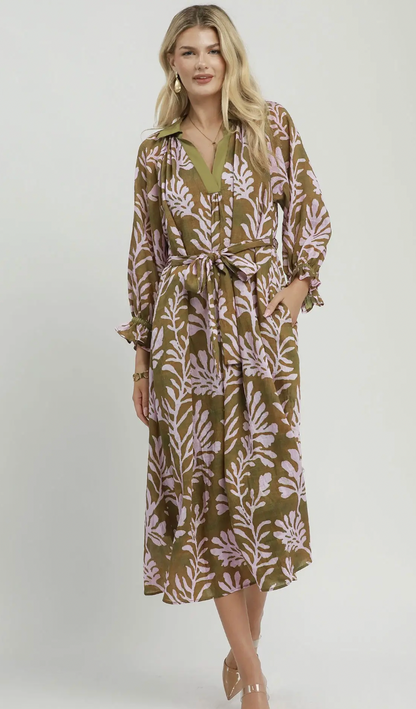 Mix Botanical Print Belted Midi Dress