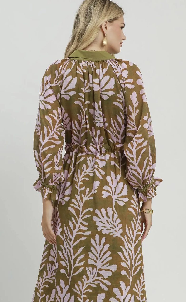 Mix Botanical Print Belted Midi Dress
