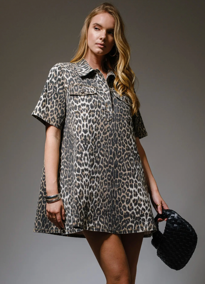 Leopard Print Button-Up Denim Dress