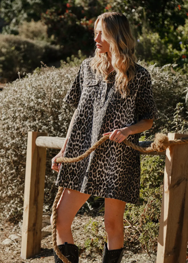 Leopard Print Button-Up Denim Dress