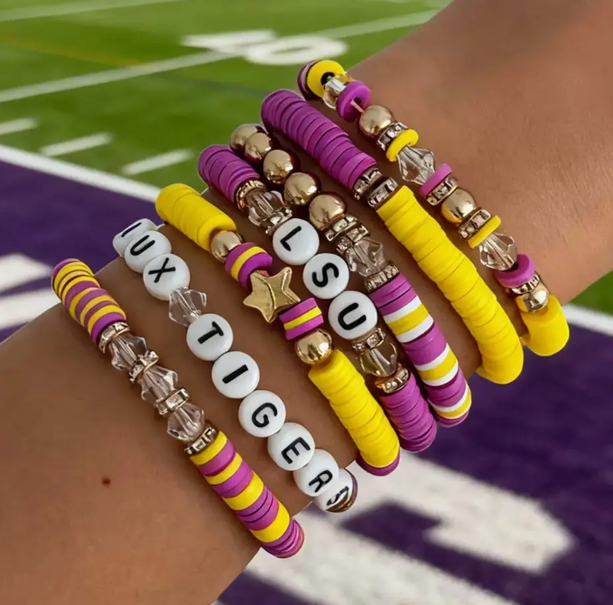 Tigers Purple & Gold Beaded Game Day Bracelet Stack