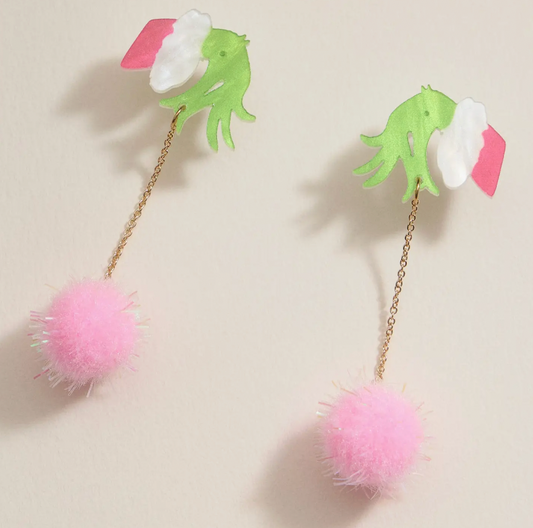 Green Monster Pom Pom Drop Earrings