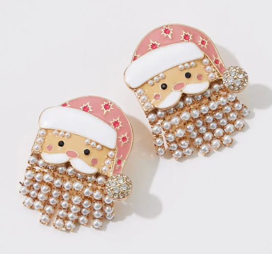 Pearl Fringe Santa Face Earrings
