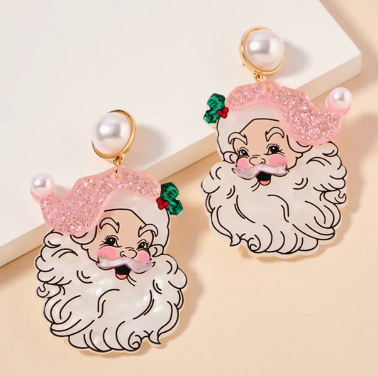 Pearl Pink Santa Face Drop Earrings