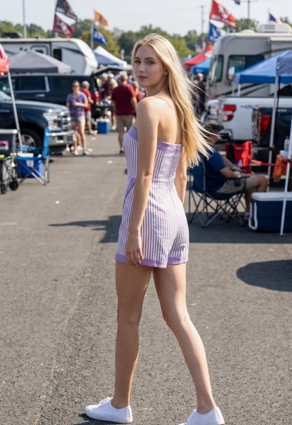 Denim Stripe Romper with Wrap Skirt-Purple/White