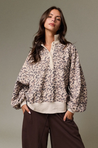 Leopard Print Snap Button Sweatshirt