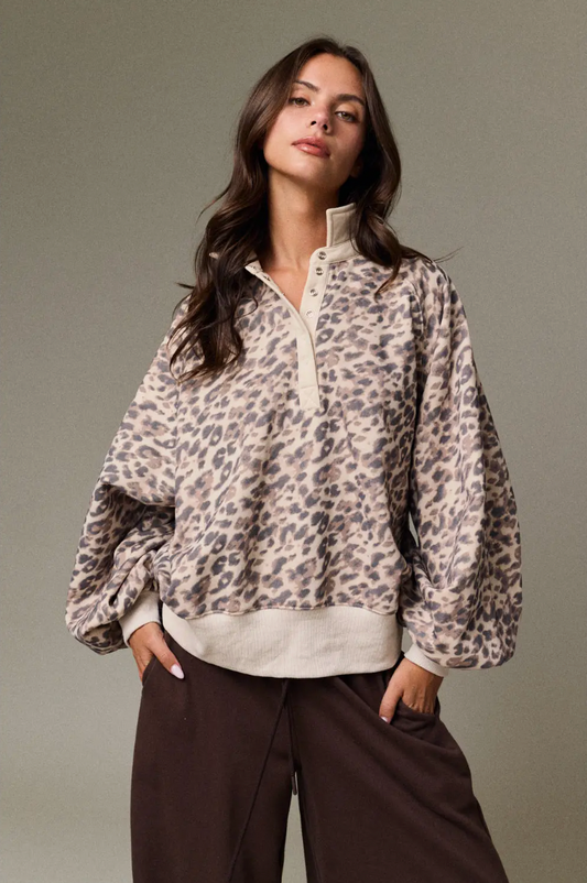 Leopard Print Snap Button Sweatshirt