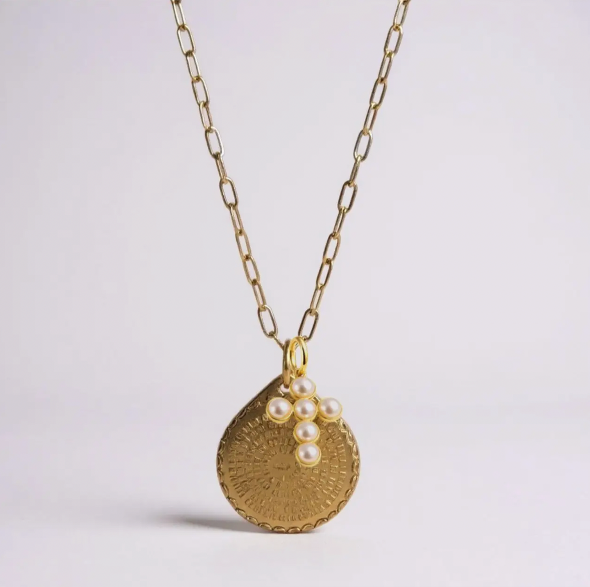 Lord's Prayer Medallion Chain with Pearl Cross