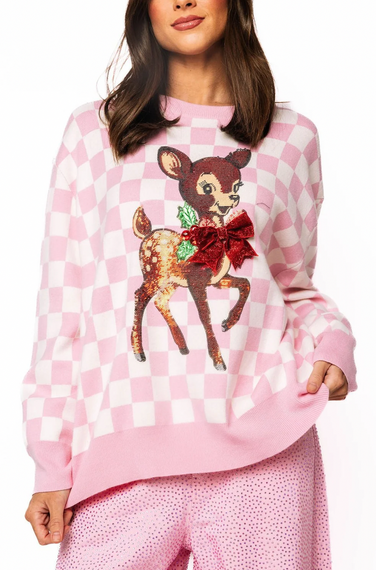 Pink & White Checkered Reindeer Sweater