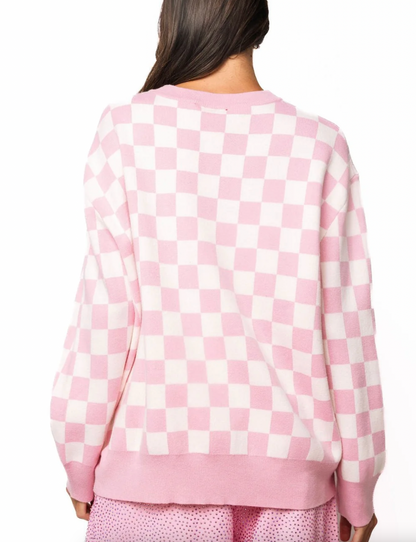 Pink & White Checkered Reindeer Sweater