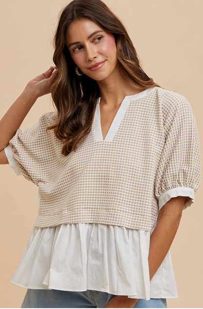 Mixed Checkered Textur Knit Top