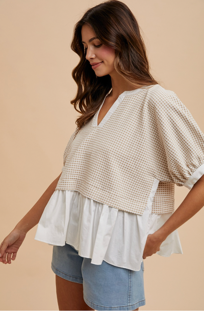 Mixed Checkered Textur Knit Top