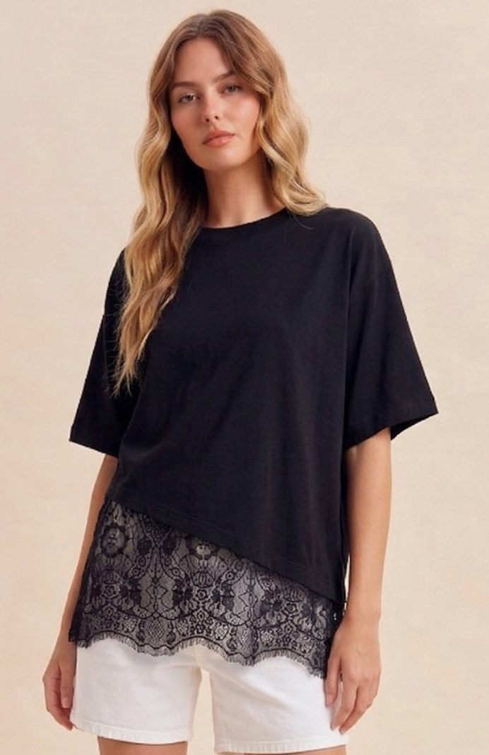 Floral Lace Trimmed Asymmetrical T-shirt