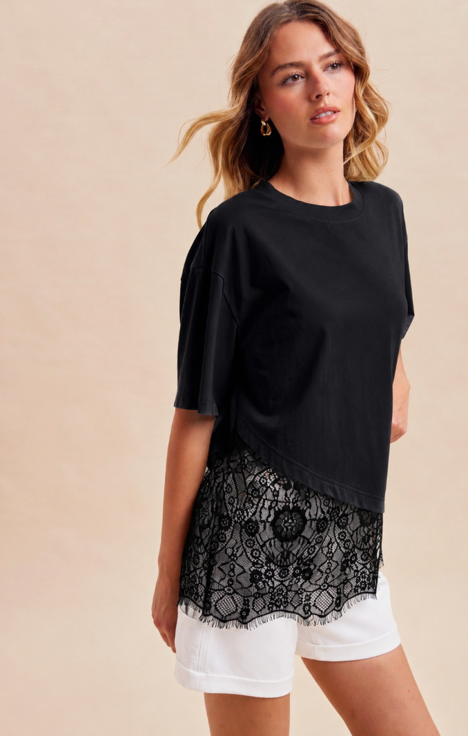 Floral Lace Trimmed Asymmetrical T-shirt
