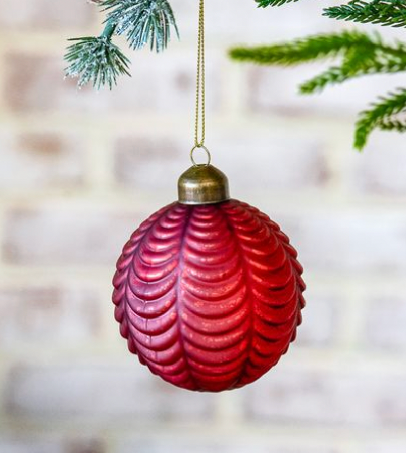 3" RED GLASS SCALLOP BALL ORNAMENT