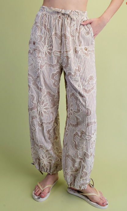 Mocha Striped Embroidered Pants