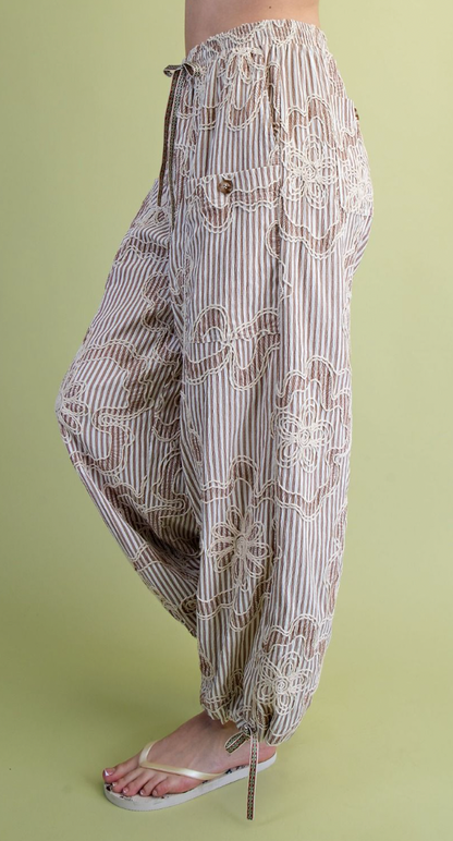 Mocha Striped Embroidered Pants