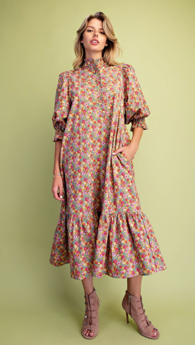 FLORAL PRINTED COTTON POPLIN DRESS