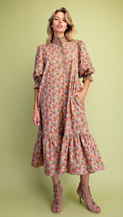 FLORAL PRINTED COTTON POPLIN DRESS