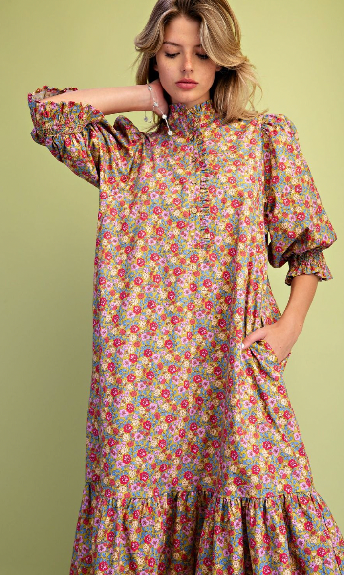 FLORAL PRINTED COTTON POPLIN DRESS