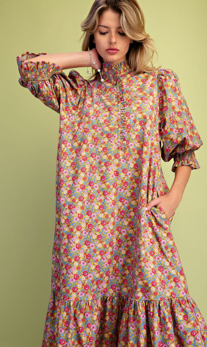FLORAL PRINTED COTTON POPLIN DRESS