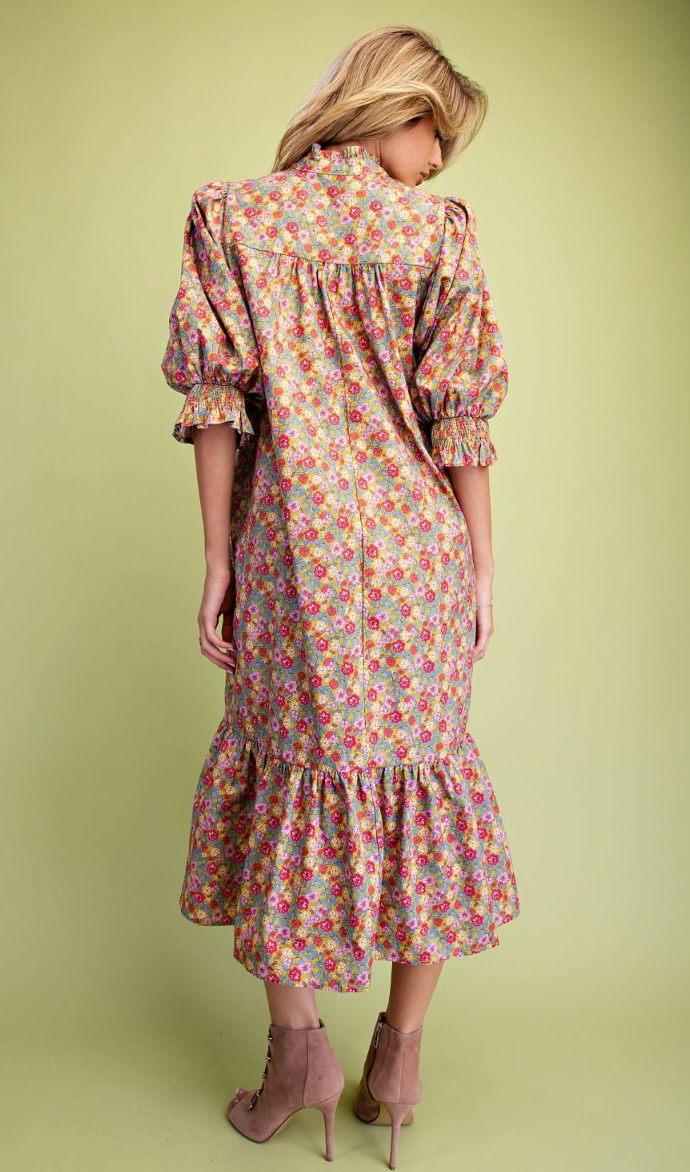 FLORAL PRINTED COTTON POPLIN DRESS